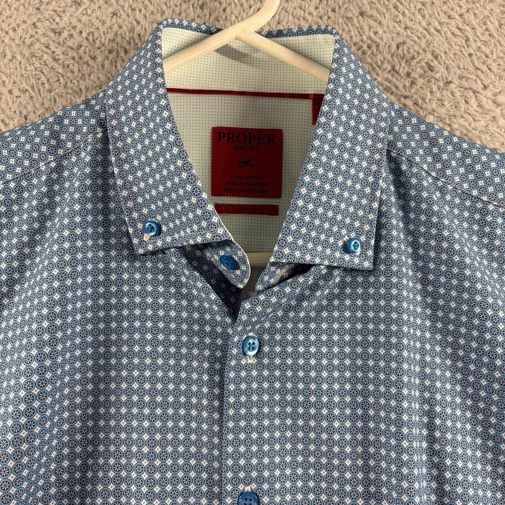 Proper Sport Shirt Mens Large Blue Pattern Short Sleeve Button Up Stretch
